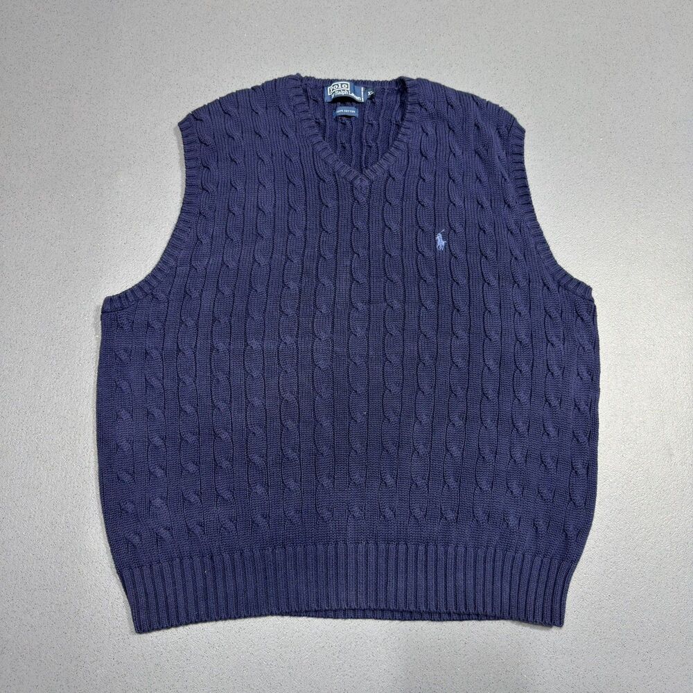 Vintage 90s Polo Ralph Lauren Cable Knit Sweater Vest Mens XL Navy Cotton⁠